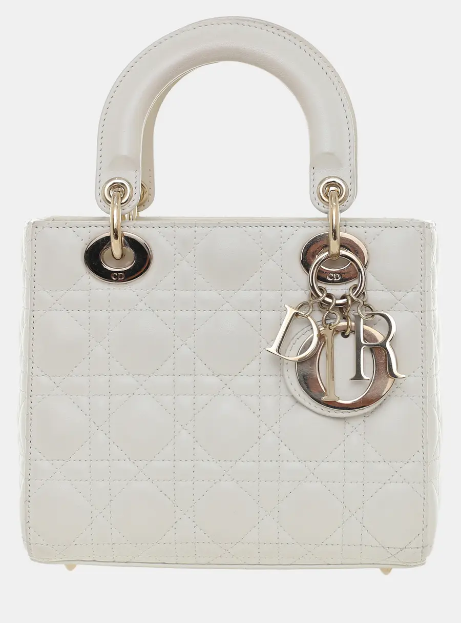 Dior Lady Dior Small White Cannage Lambskin Leather Top Handle Bag