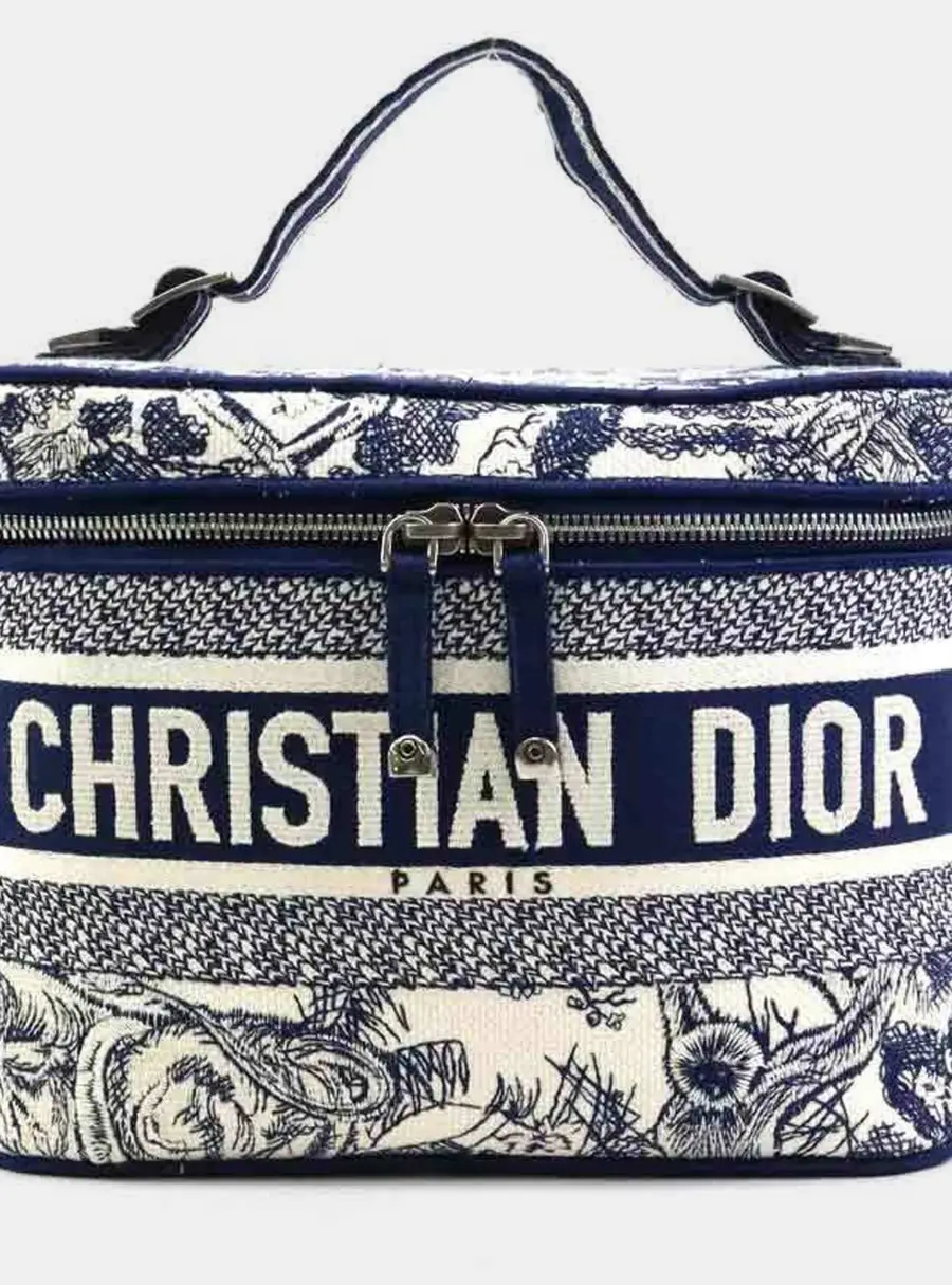 Christian Dior DiorTravel Small Blue White Toile de Jouy Embroidered Canvas Travel Vanity Case Bag