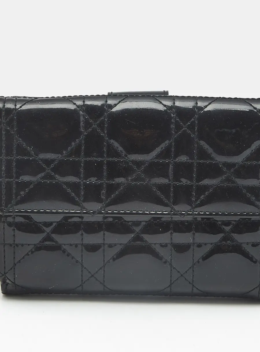 Dior Lady Dior Black Cannage Patent Leather French Wallet