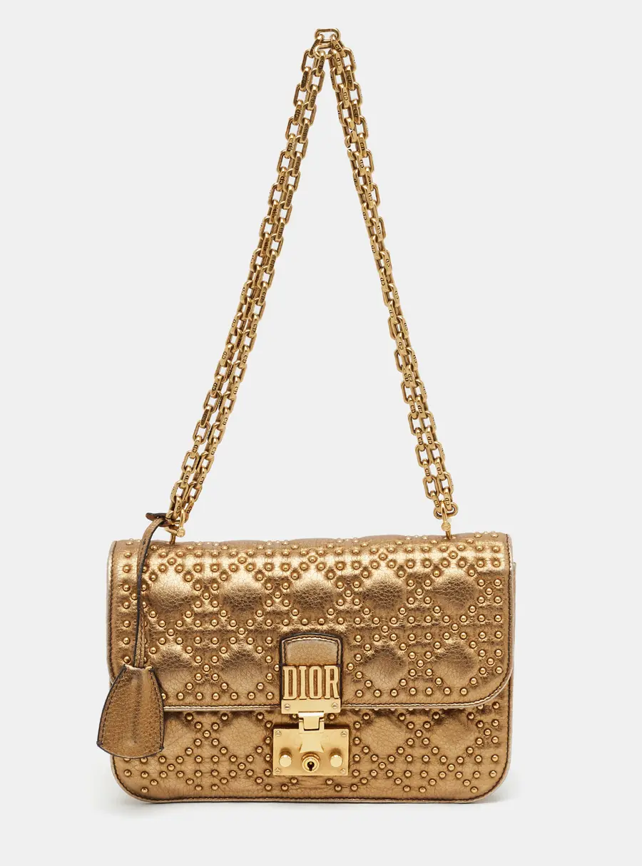Dior DiorAddict Studded Gold Cannage Leather Shoulder Bag