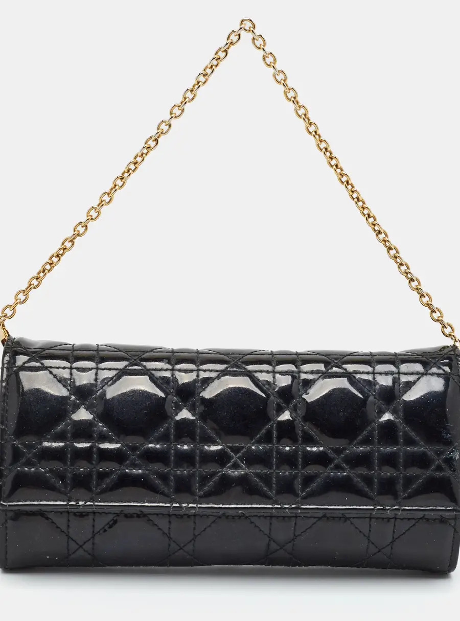 Dior Rendezvous Black Cannage Patent Leather Wallet on Chain