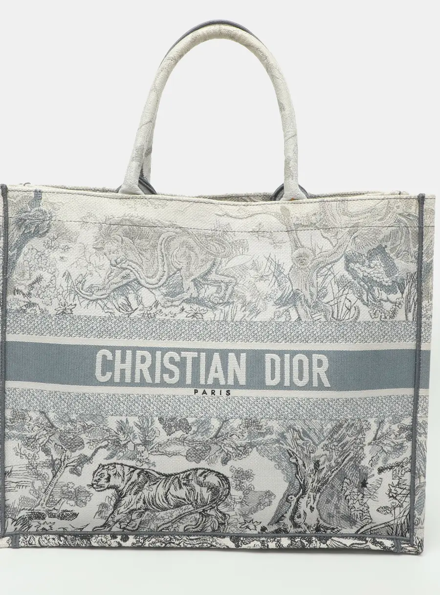 Dior Book Large Grey/Blue Toile de Jouy Animals Tiger Embroidered Canvas Tote