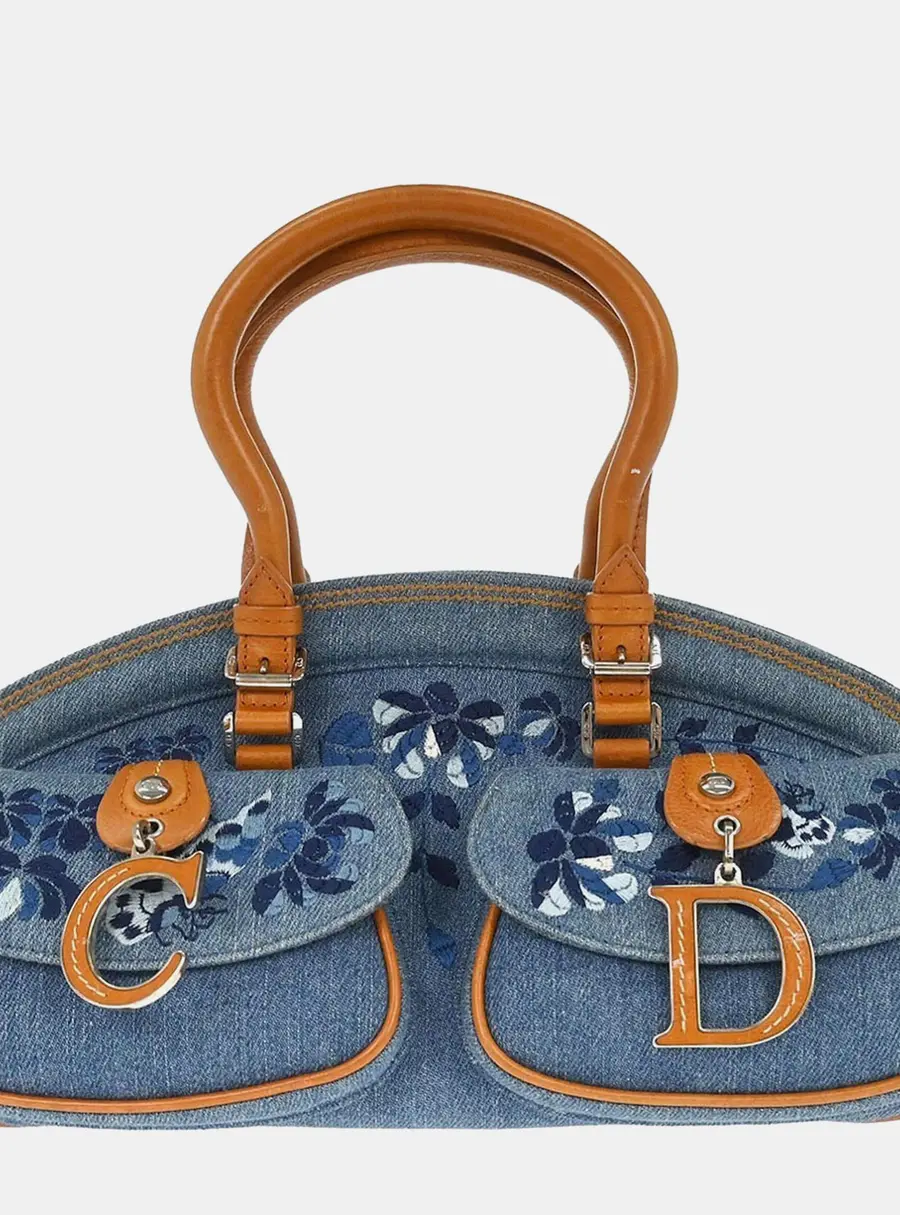 Christian Dior Detective Medium Blue Denim Tan Leather Top Handle Bag
