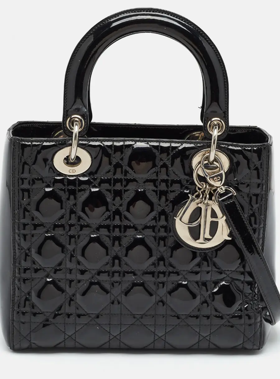 Dior Lady Dior Medium Black Cannage Patent Leather Tote