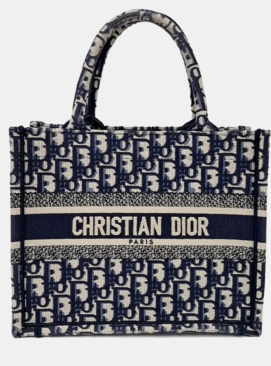 Christian Dior Oblique Beige Navy Blue Canvas Book Tote Bag 26