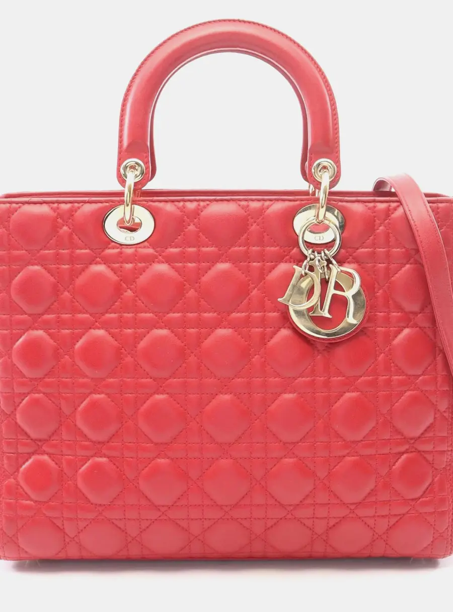 Christian Dior Lady Dior Large Red Cannage Lambskin Leather Top Handle Bag