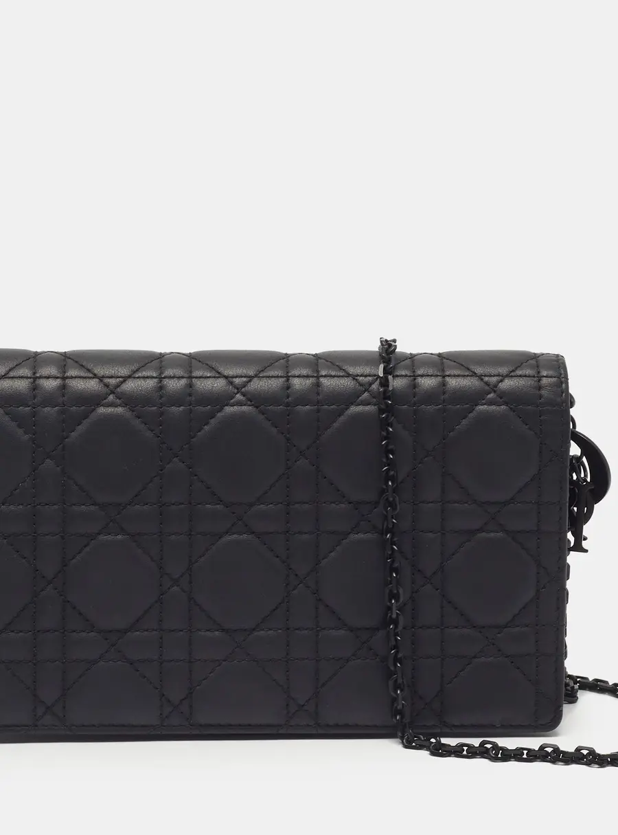 Dior Lady Dior Ultra Matte Black Cannage Leather Pouch with Chain