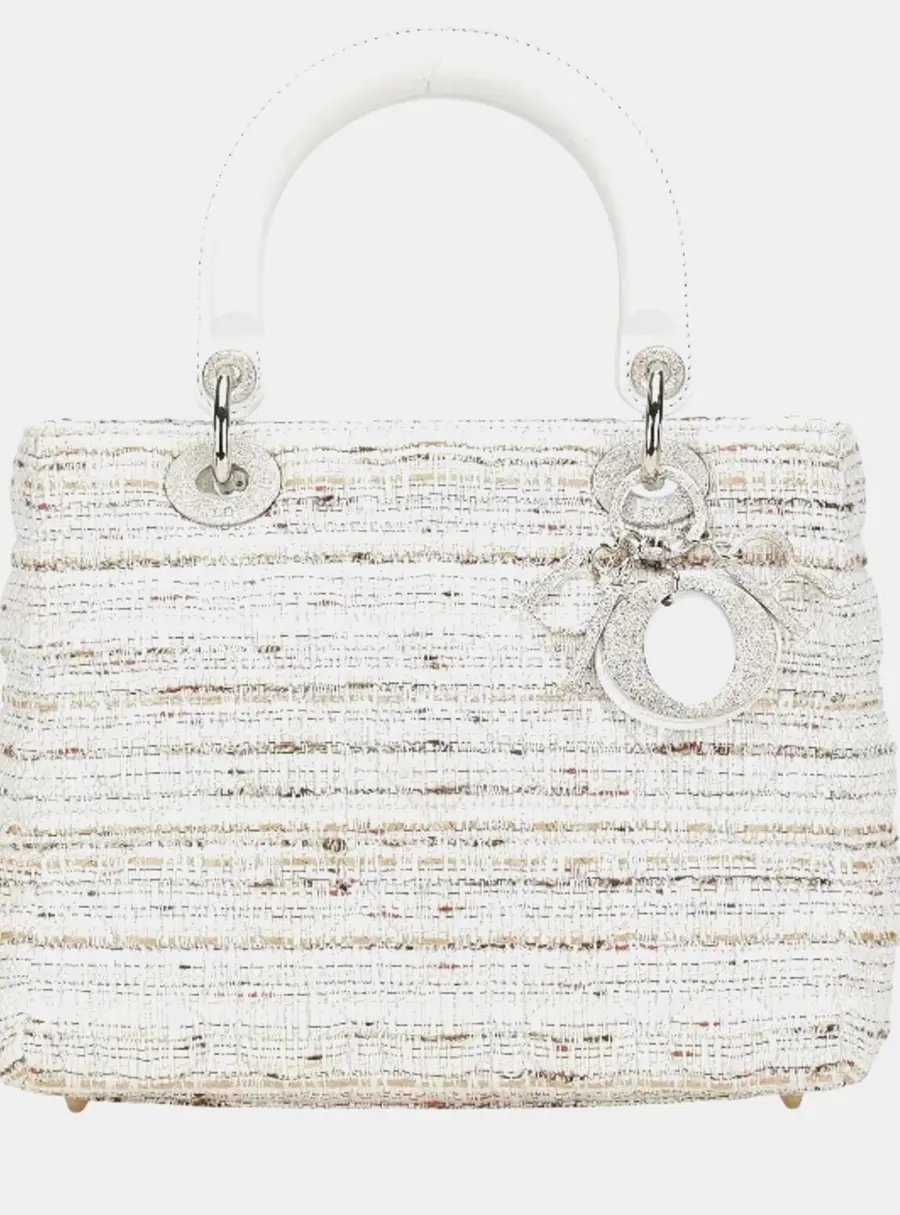 Christian Dior Lady Dior Medium White Multicolor Tweed Canvas Leather Top Handle Bag