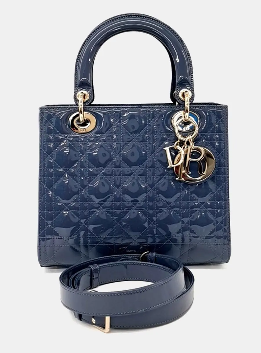 Dior Lady Dior Medium Blue Patent Leather Bag
