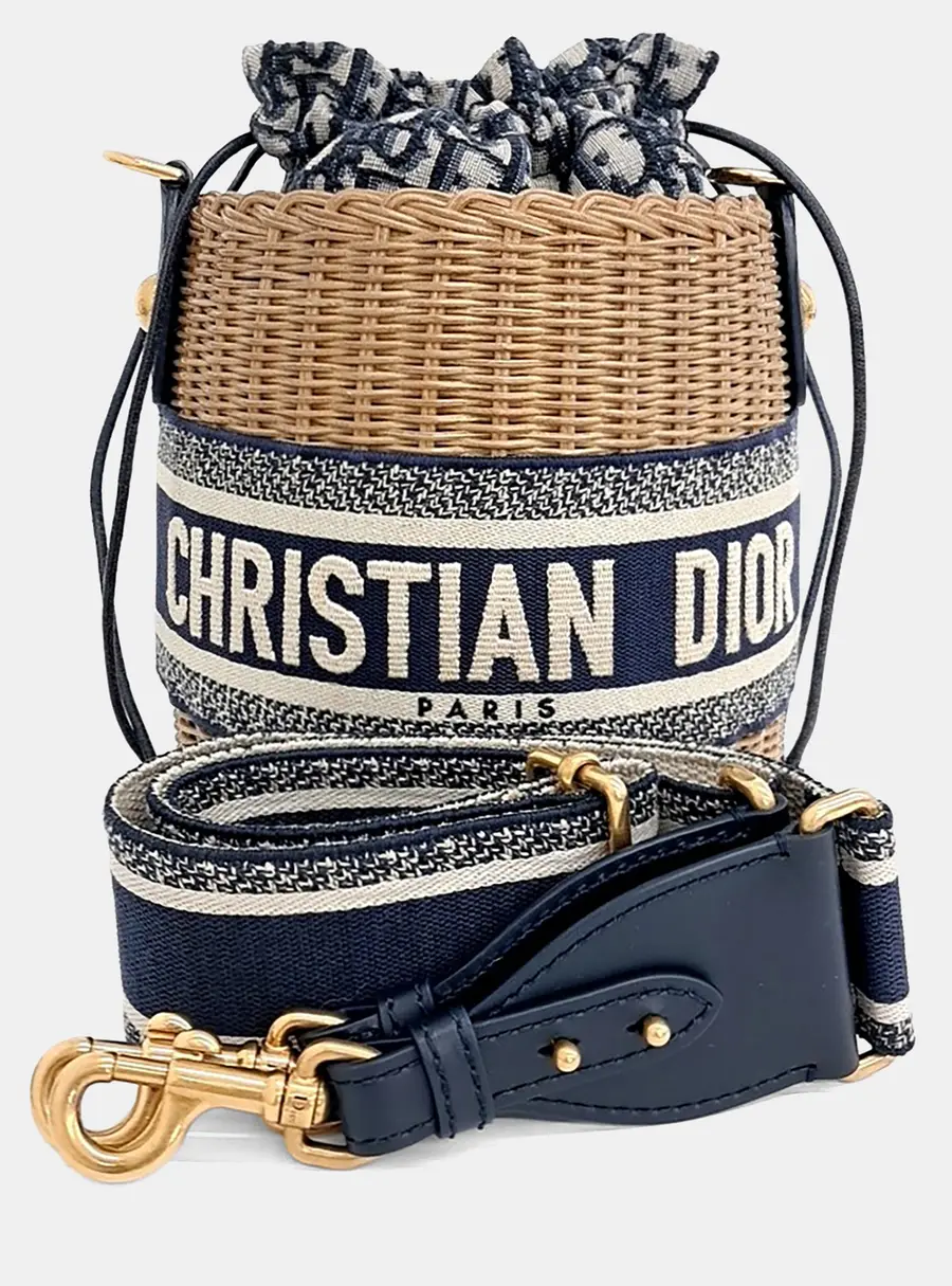 Dior Walker Beige/Blue Oblique Canvas & Raffia Bucket Bag