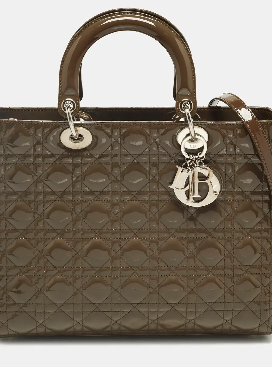 Dior Lady Dior Large Dark Beige Cannage Patent Leather Tote w/Wallet