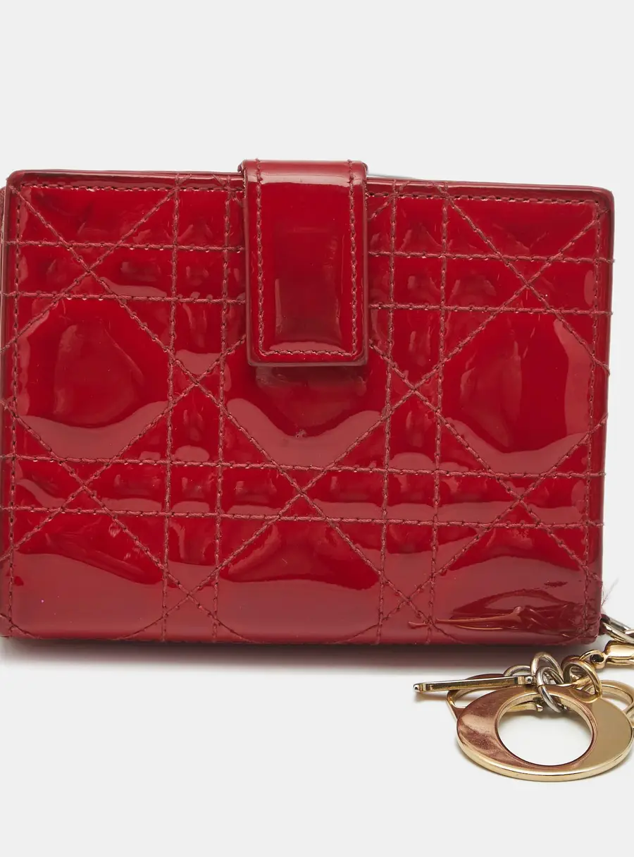 Dior Lady Dior Red Cannaga Patent Leather Compact Wallet