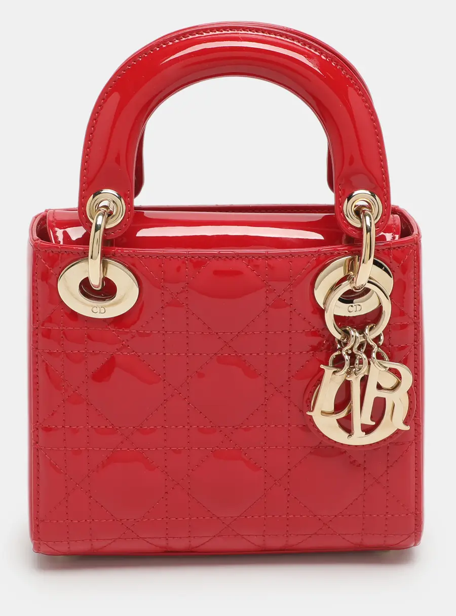 Dior Lady Dior Mini Red Cannage Patent Leather Tote
