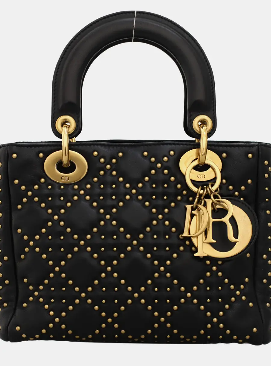 Dior Lady Dior Small Black Lambskin Leather Top Handle Bag