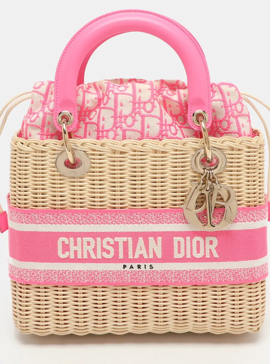 Dior Lady Dior Medium Pink/Natural Wicker and Embroidered Canvas Tote