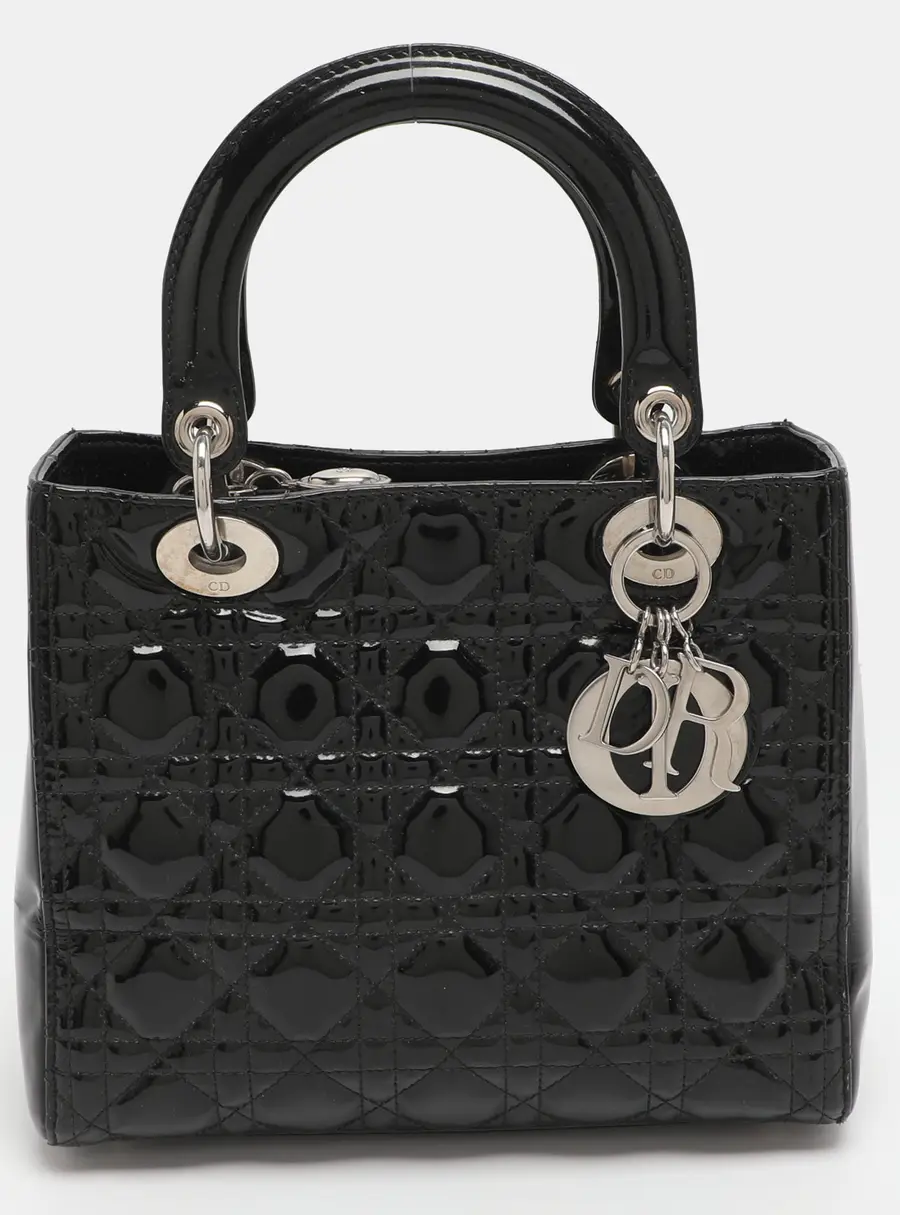 Dior Black Cannage Patent Leather Medium Lady Dior Tote