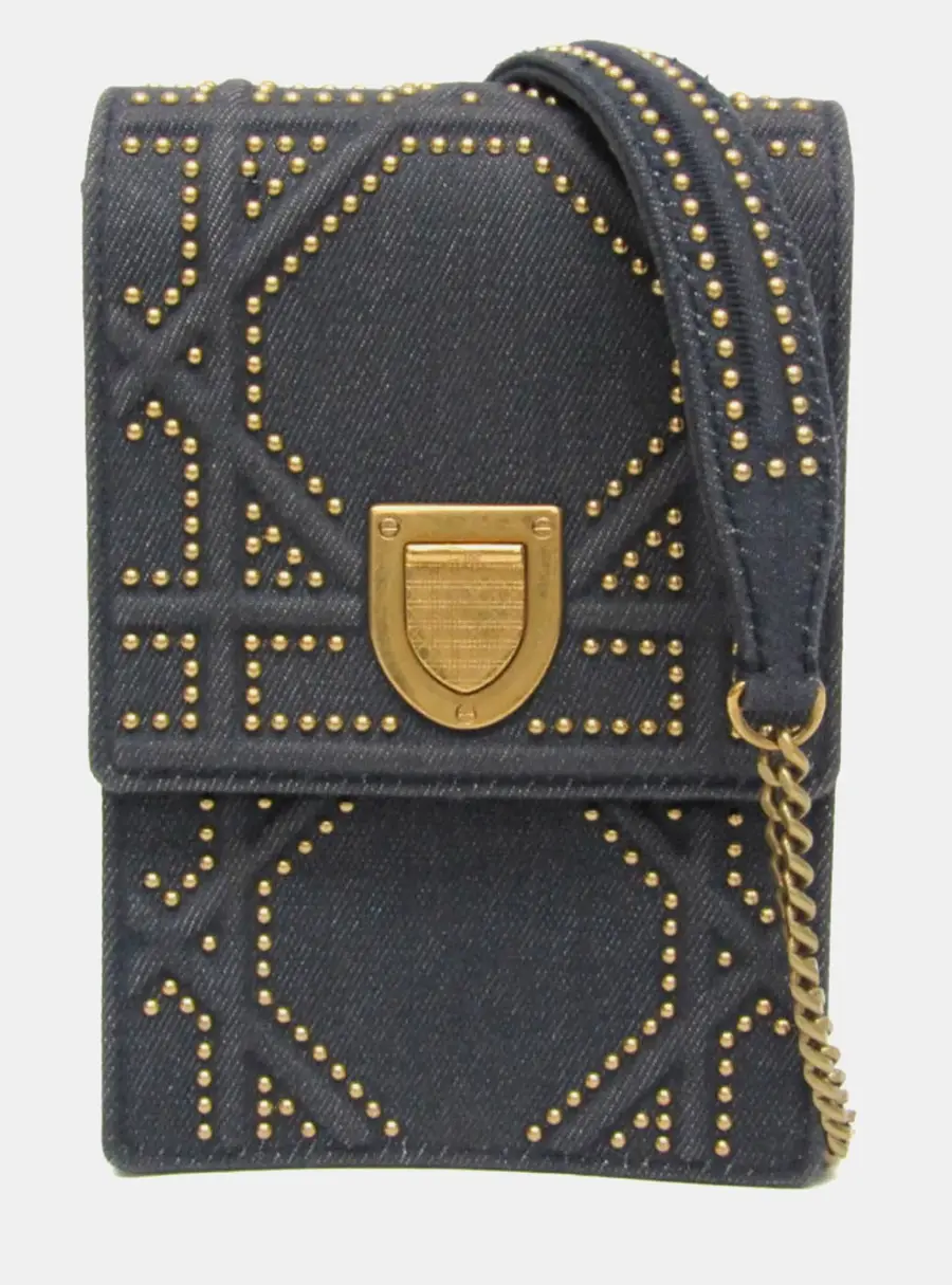 Christian Dior Diorama Chain Shoulder Bag Denim Studded Shoulder Bag Blue