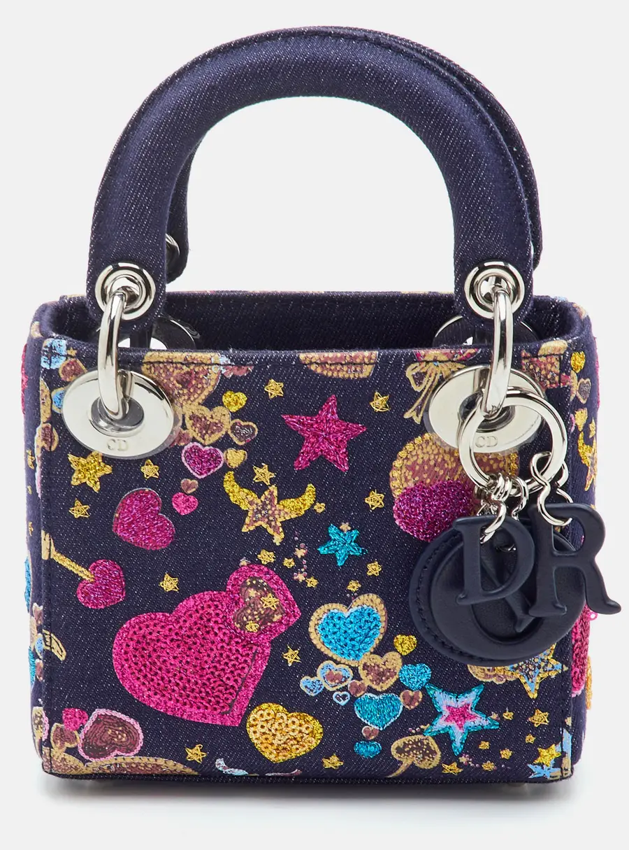 Dior Lady Dior Micro Navy Blue Fabric Heart Embroidered Tote