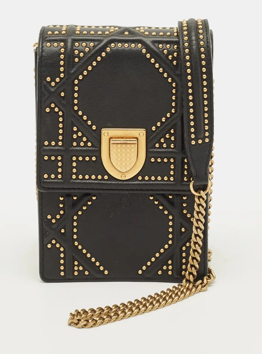 Dior Studded Diorama Vertical Black Leather Chain Pouch