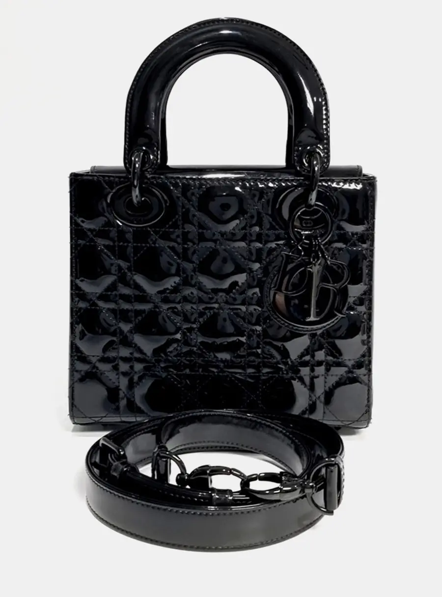 Dior Lady Dior Small Black Patent Leather Top Handle Bag