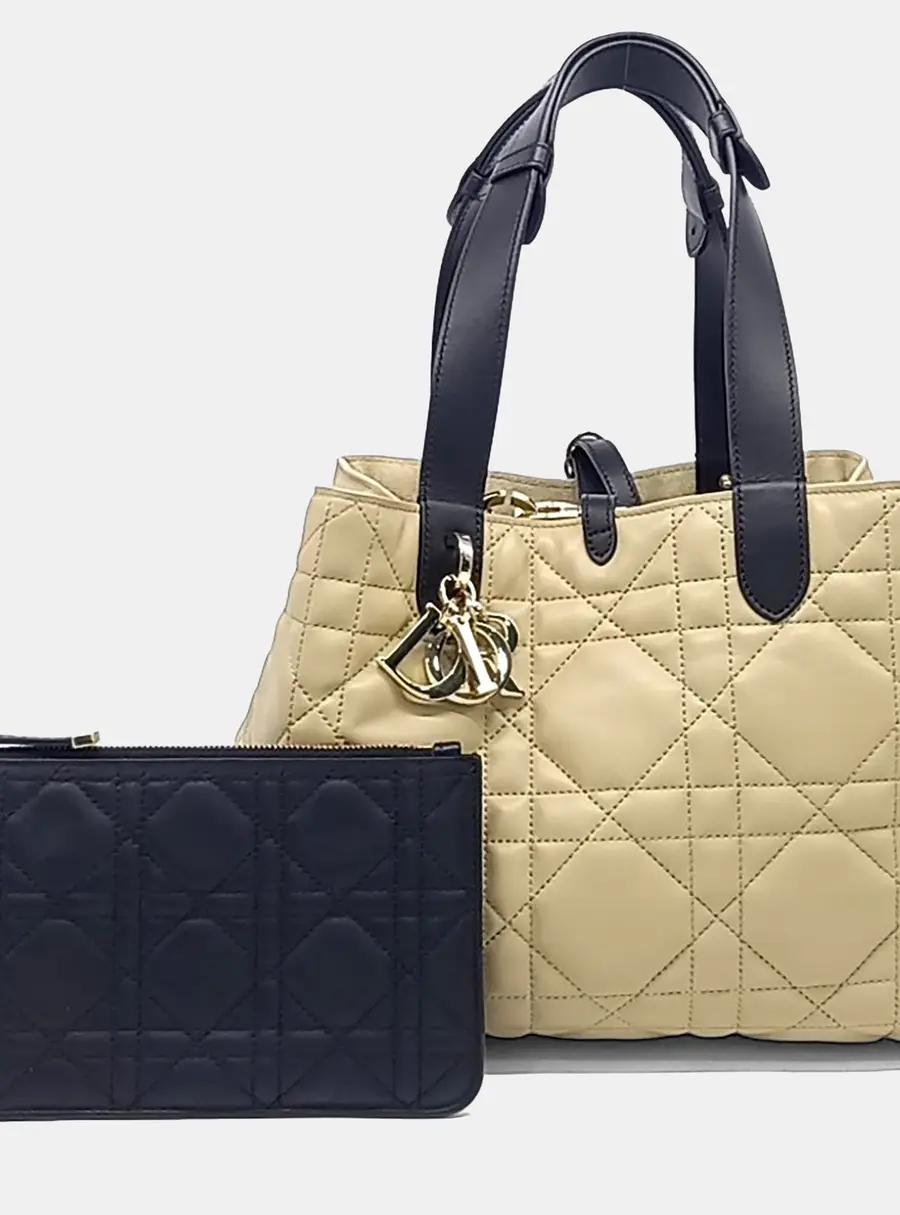 Dior Toujours Medium Beige Black Leather Top Handle Bag