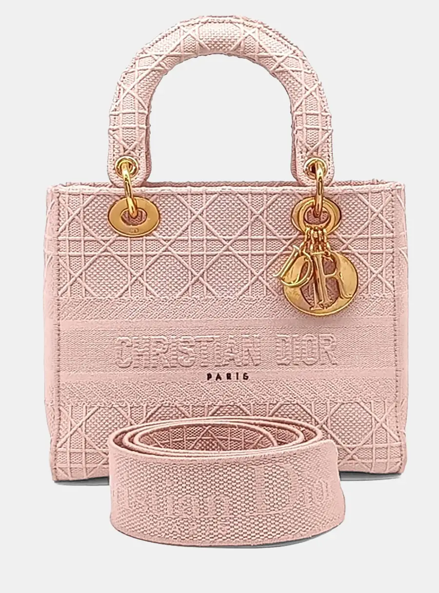 Dior Lady D-Lite Medium Pink Canvas Top Handle Bag