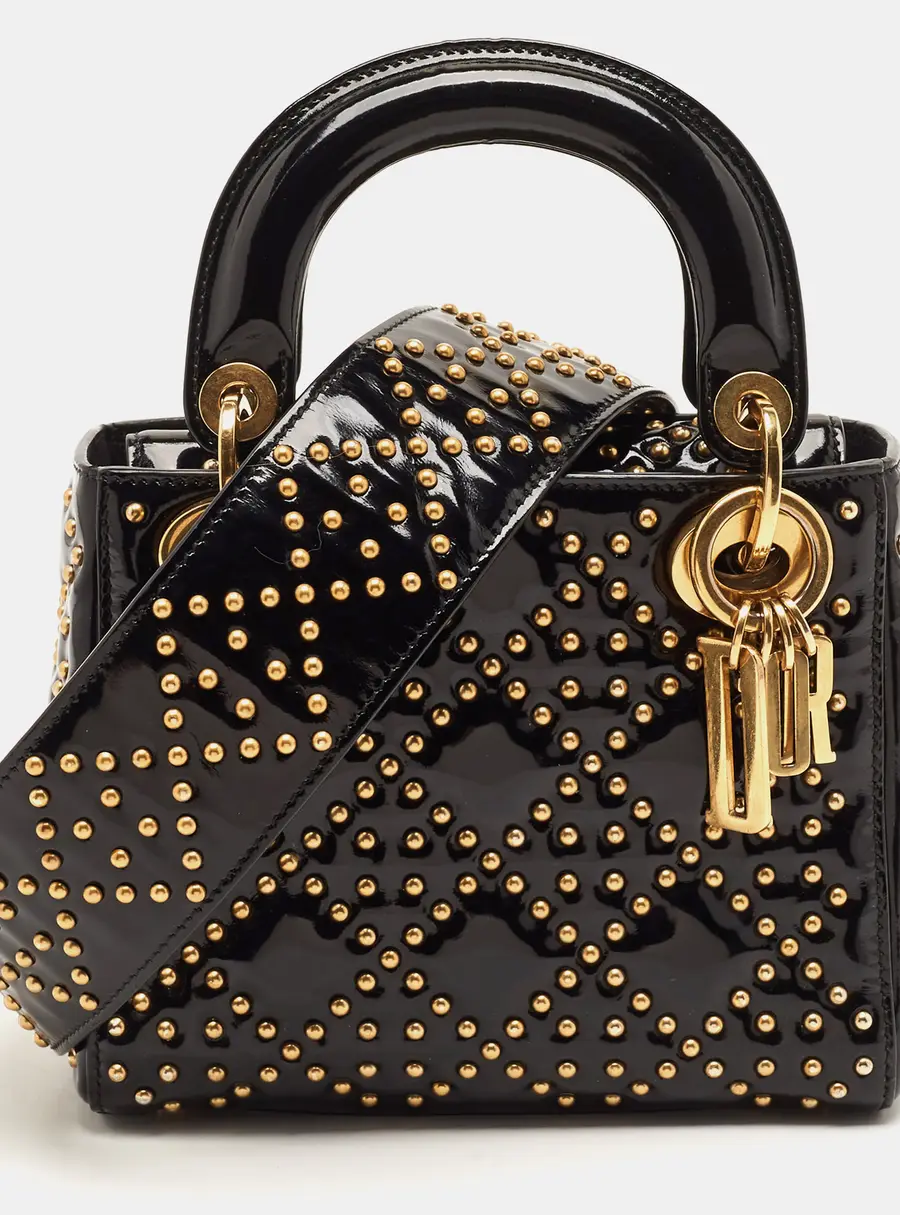 Dior Lady Dior Studded Supple Mini Black Cannage Patent Leather Tote