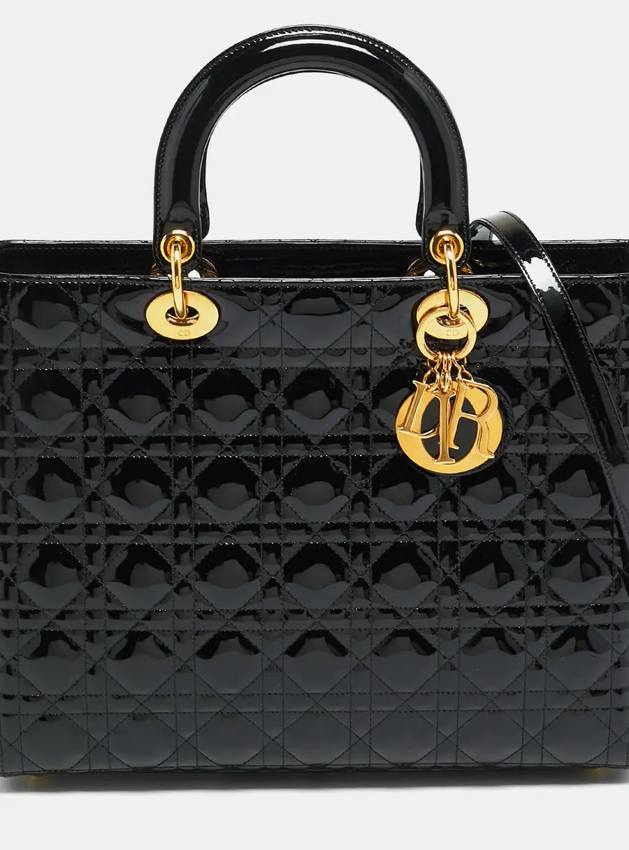 Dior Lady Dior Large Black Cannage Patent Leather Tote