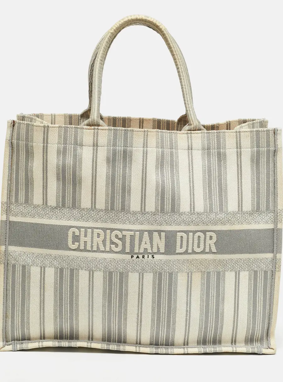 Dior Striped Book Large Grey/White Embroidered Canvas Tote