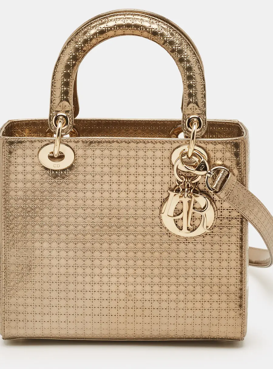 Dior Lady Dior Medium Gold Microcannage Patent Leather Tote