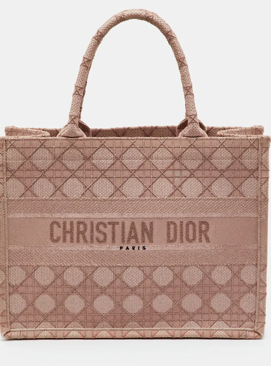 Dior Book Tote Medium Metallic Peach Pink Cannage Embroidered Canvas Tote