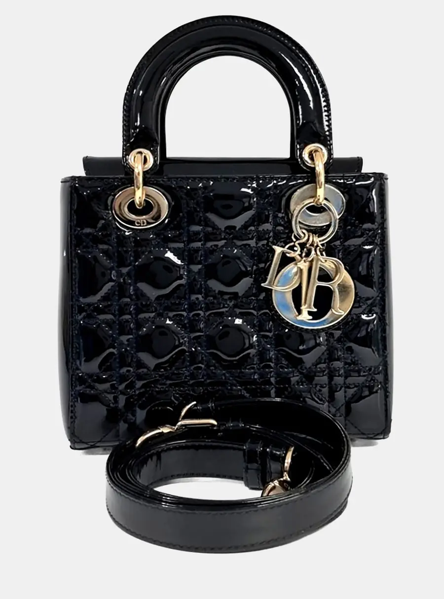 Dior Lady Dior Small Black Patent Leather Top Handle Bag