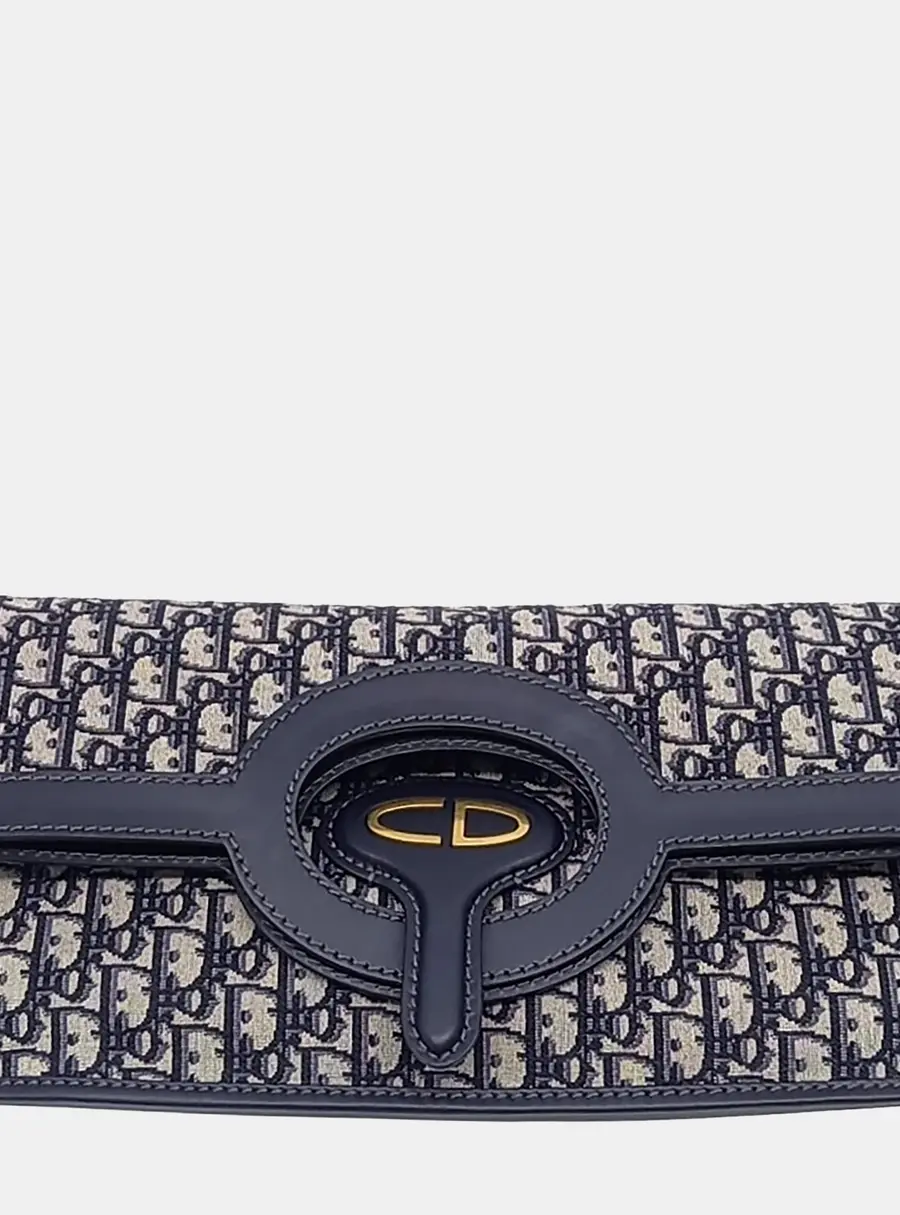 Dior Oblique Folding Clutch Navy Blue Oblique Canvas Leather Clutch Bag
