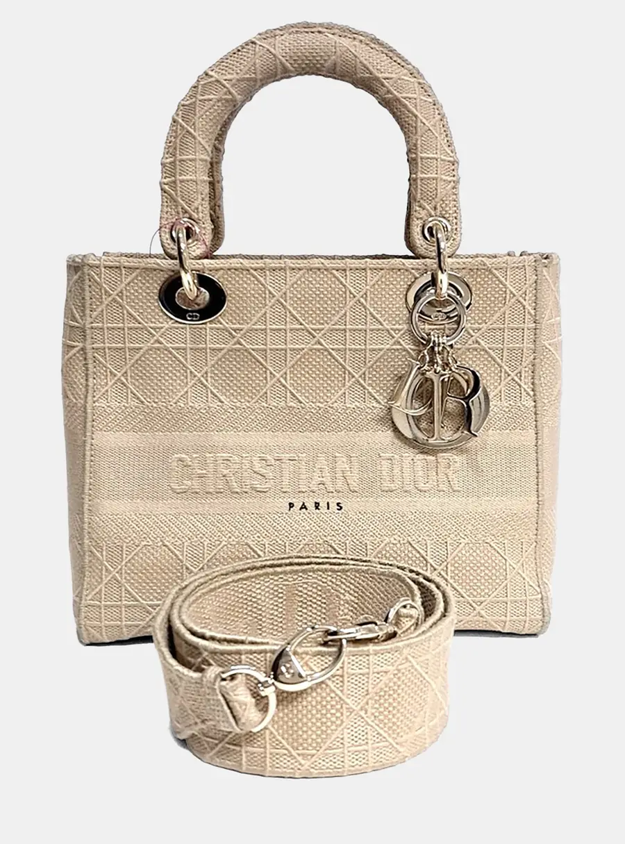 Dior D-Lite Medium Beige Fabric Top Handle Bag