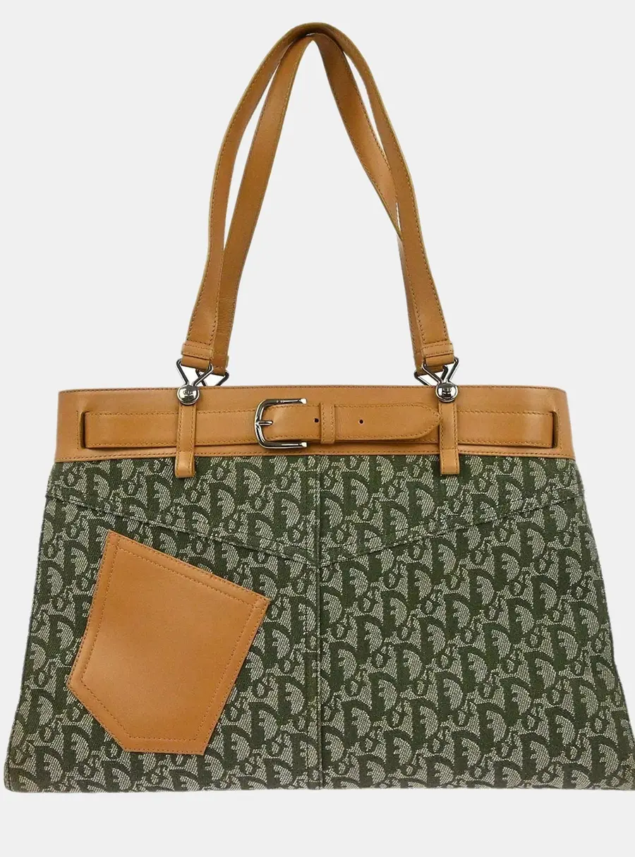 Christian Dior Trotter Green Canvas Leather Tote Bag