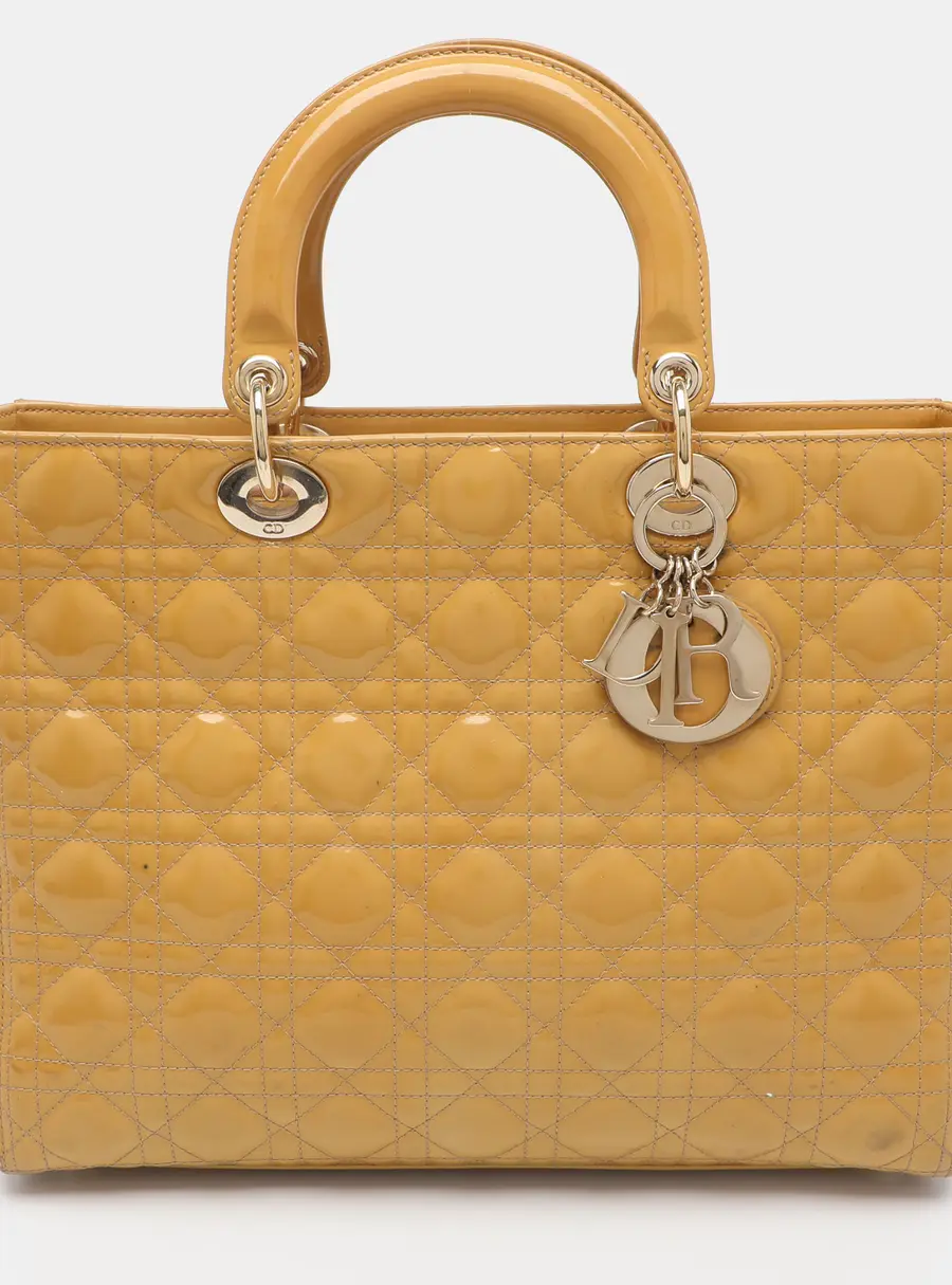 Dior Lady Dior Large Yellow Patent Leather Tote Bag