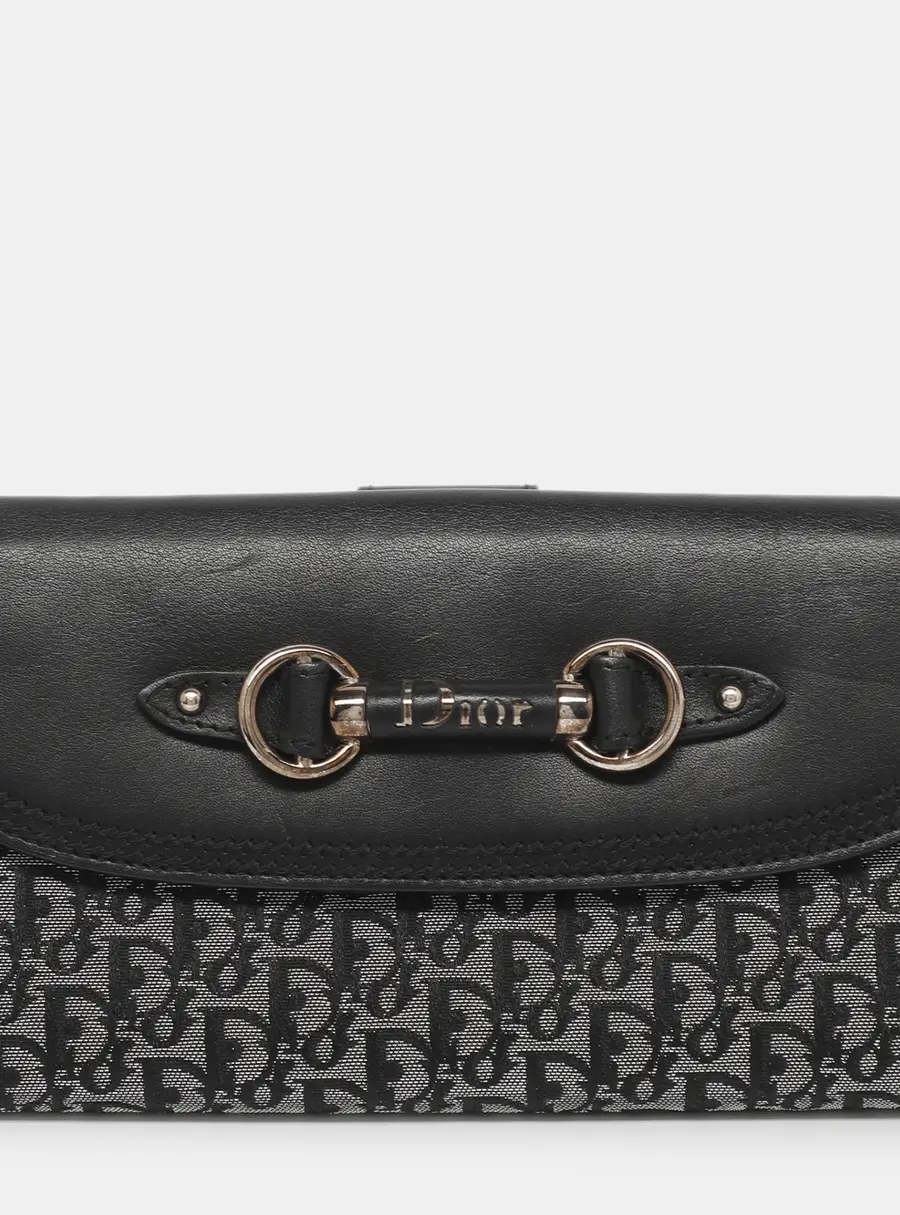 Dior Black/Silver Leather and Oblique Nylon French Long Wallet