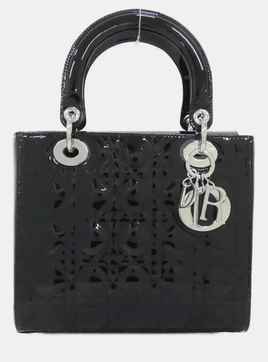 Christian Dior Lady Dior Medium Black Patent Leather Top Handle Bag