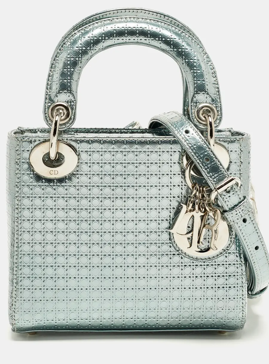 Dior Lady Dior Mini Metallic Green Microcannage Patent Leather Tote