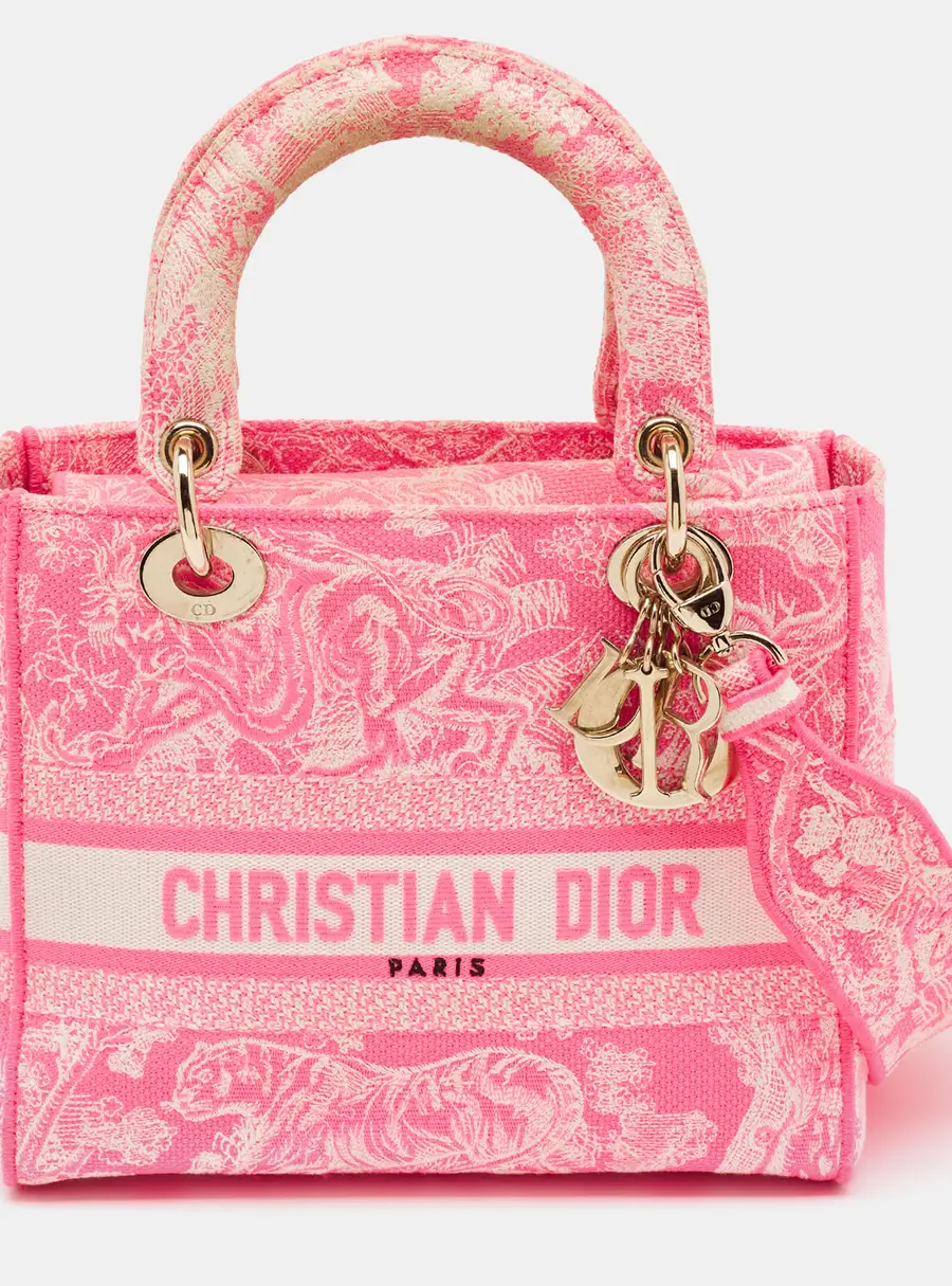 Dior Lady D-Lite Medium Neon Pink Toile De Jouy Tote