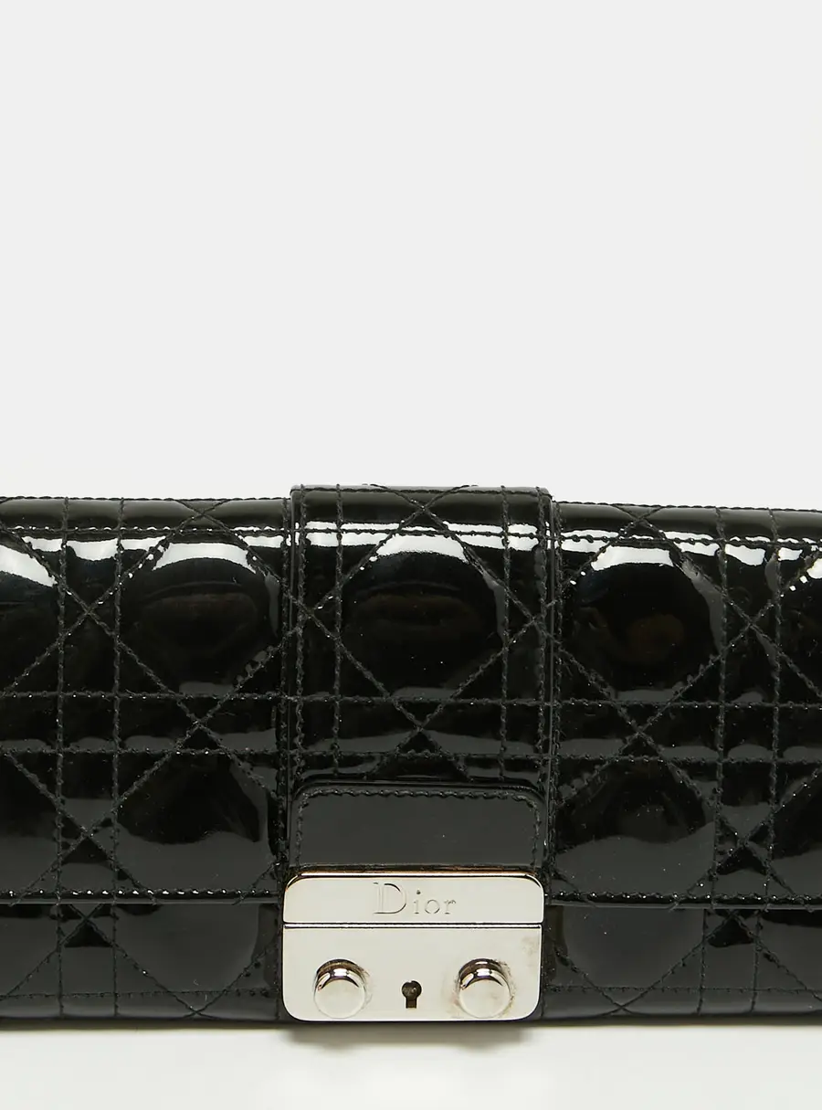 Dior New Lock Black Cannage Patent Leather Continental Wallet