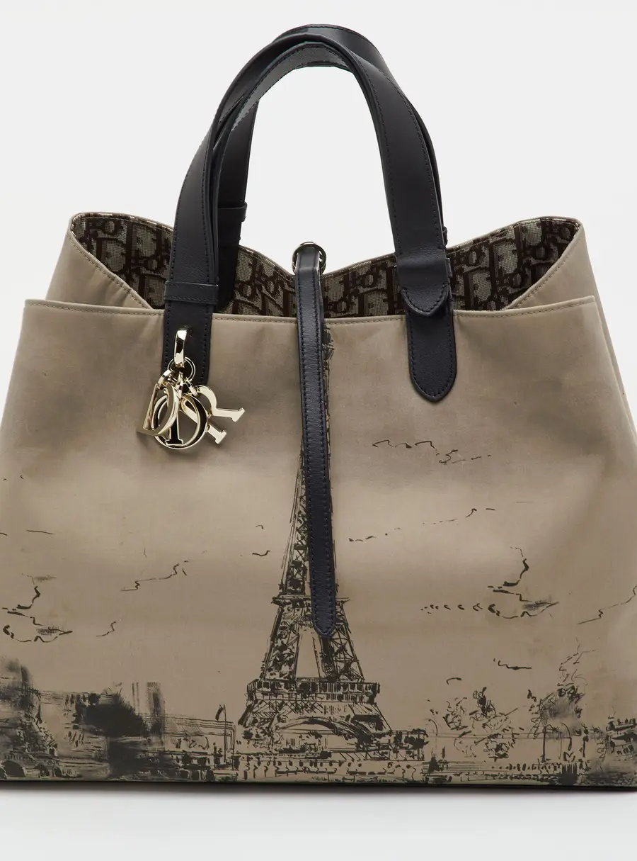 Dior Toujours Large Beige/Black Canvas and Leather Paris Eiffel Tower Print Tote