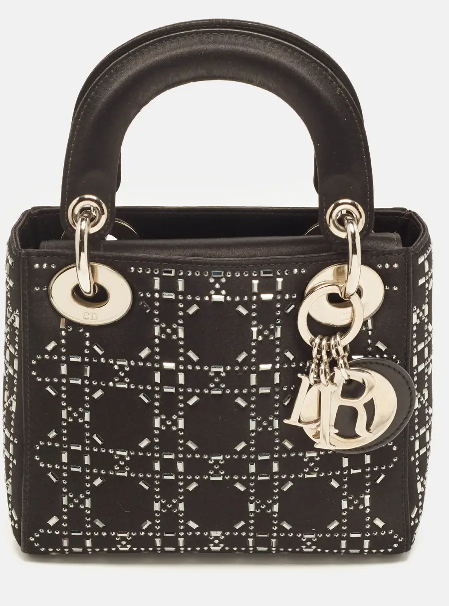 Dior Black Lady Dior Crystal Embellished Mini Cannage Satin Tote