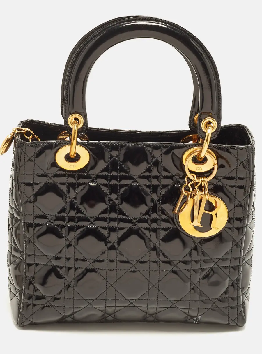 Dior Lady Dior Medium Black Cannage Patent Leather Tote