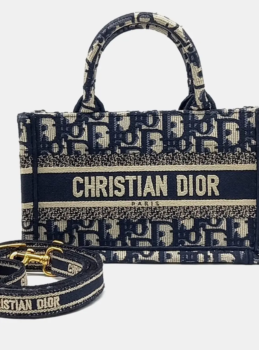 Christian Dior Cream Navy Blue Fabric Book Tote Mini Shoulder Strap Bag S5573CRIW
