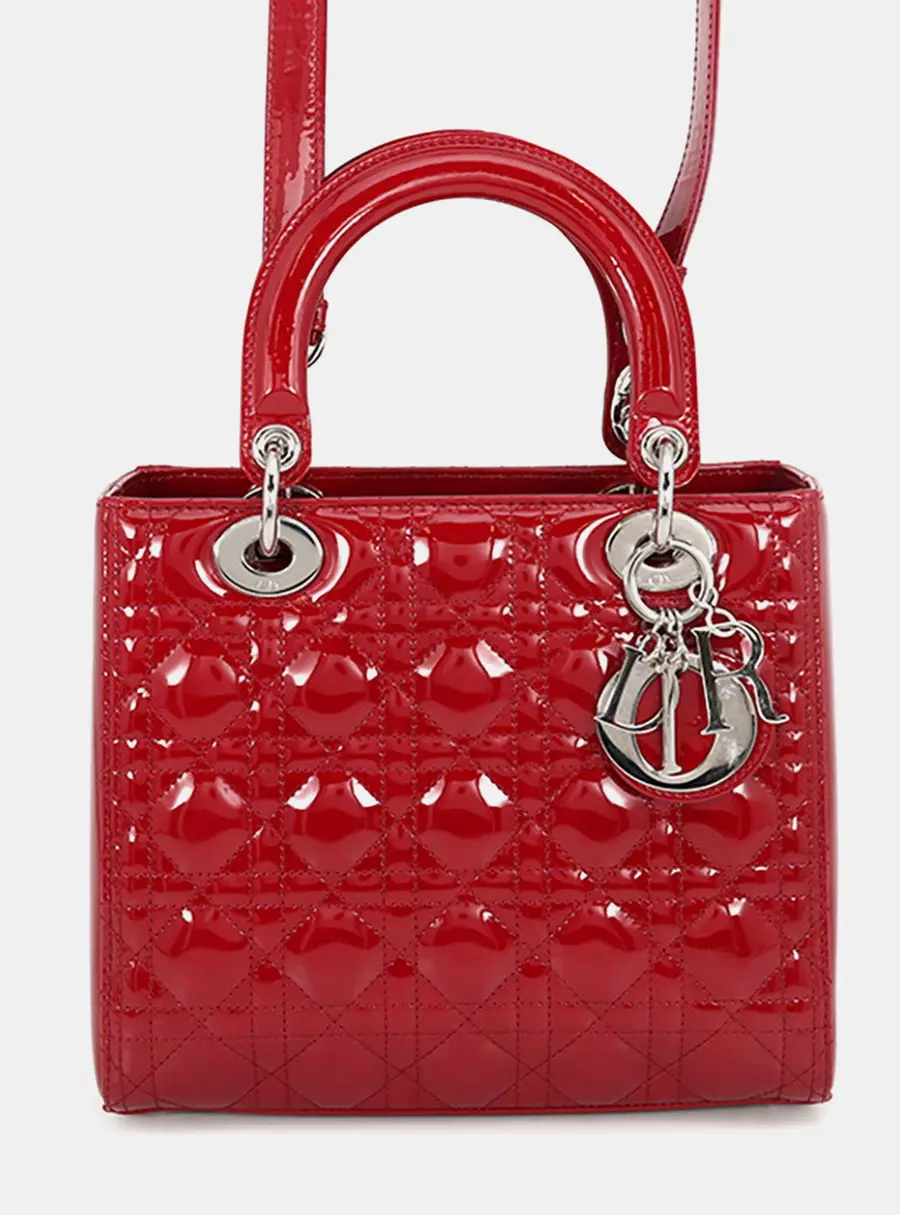 Dior Lady Dior Medium Red Patent Leather Top Handle Bag