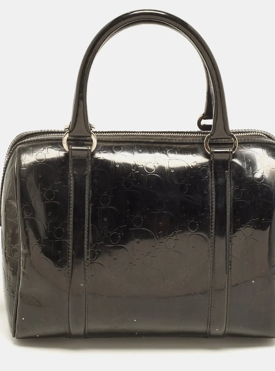 Dior Black Oblique Embossed Patent Leather Boston Bag