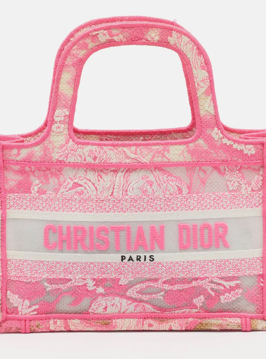 Dior Book Mini Neon Pink/White Toile De Jouy Embroidered Mesh Tote