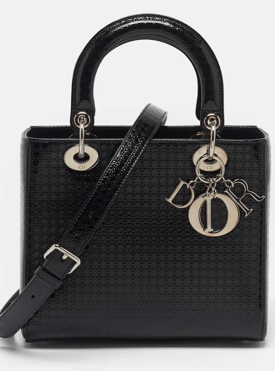 Dior Lady Dior Medium Black Microcannage Patent Leather Tote