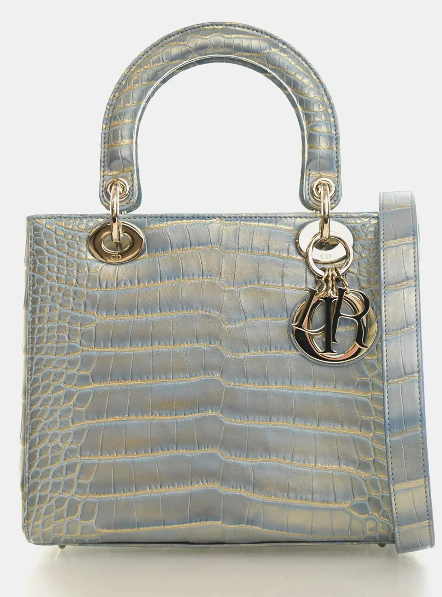 Christian Dior Lady Dior Medium Blue Iridescent Gold Crocodile Leather Top Handle Bag
